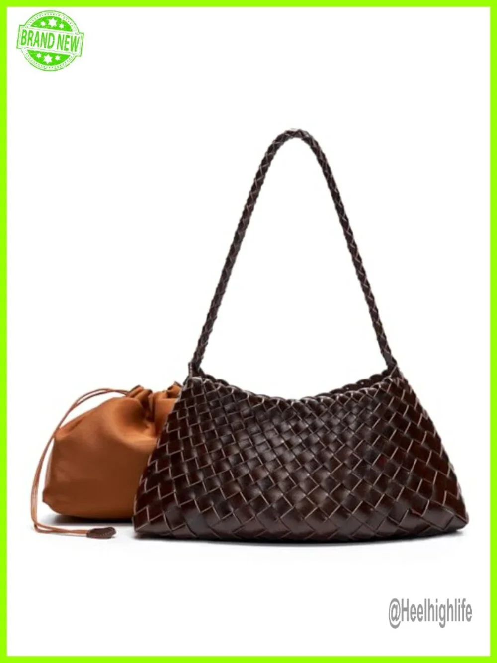 Vegan Leather Braided Strap Shoulder Bag with Inner Drawstring Pouch